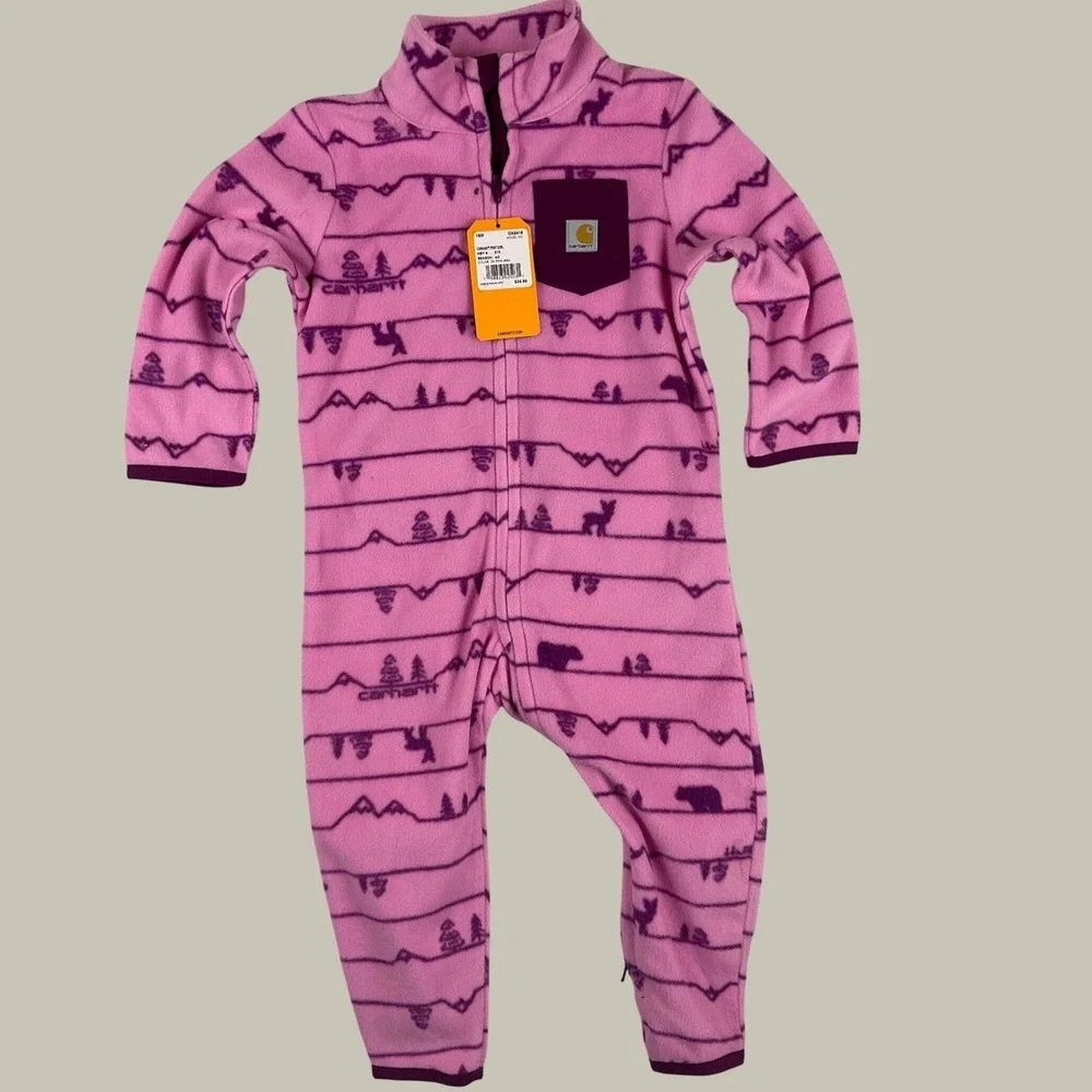 Carhartt Baby Girls Pink Fleece Mountain Print Coverall Zip Jumpsuit OX5416 18M